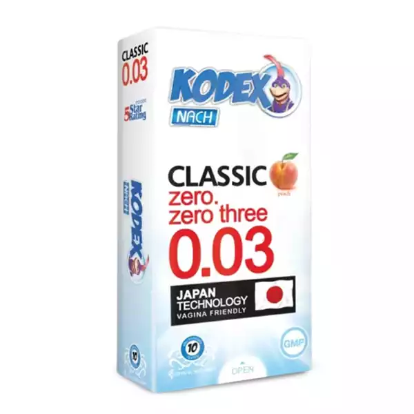 Kodex-Classic-Zero-Zero-Three-0.03-peach-Condom.webp کاندوم فوق العاده نازک کلاسیک 0.03 با رایحه هلو کدکس - تصویر 1