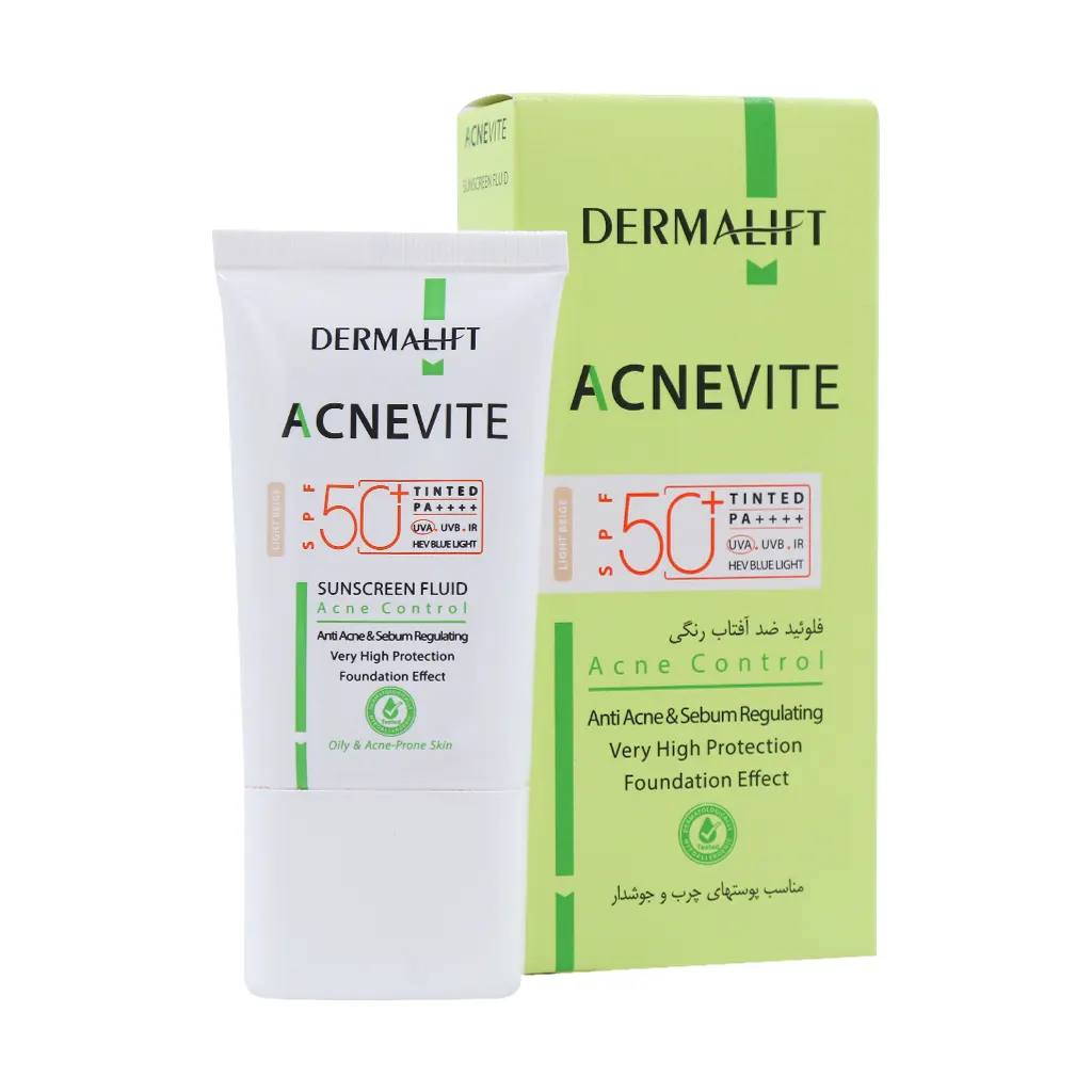 Dermalift-Acnevite-Spf50-Sunscreen-Fluid-40-ml-light-beige فلوئید ضد آفتاب آکنویت SPF50 درمالیفت مناسب پوست چرب و جوشدار 40 میل - تصویر 1
