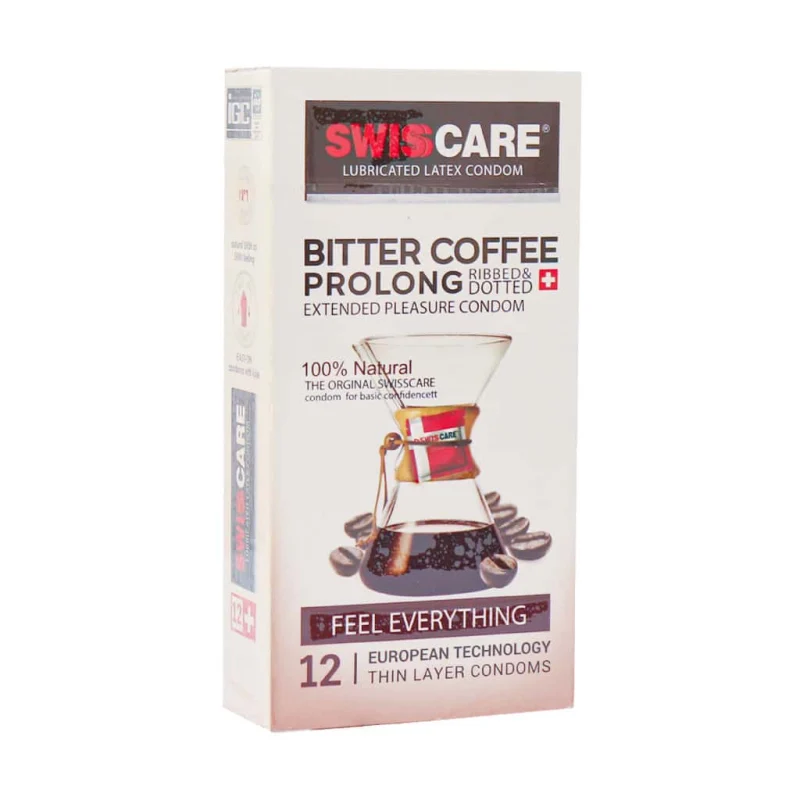 Swiss-Care-Bitter-Coffee-Prolong-Condoms-12-Pcs کاندوم تاخیری و خاردار قهوه تلخ سوئیس کر مدل Bitter Coffee Prolong بسته 12 عددی - تصویر 1