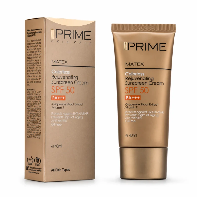 کرم ضد آفتاب بی رنگ جوان‌کننده پرایم SPF50 مدل Matex حجم 40میل