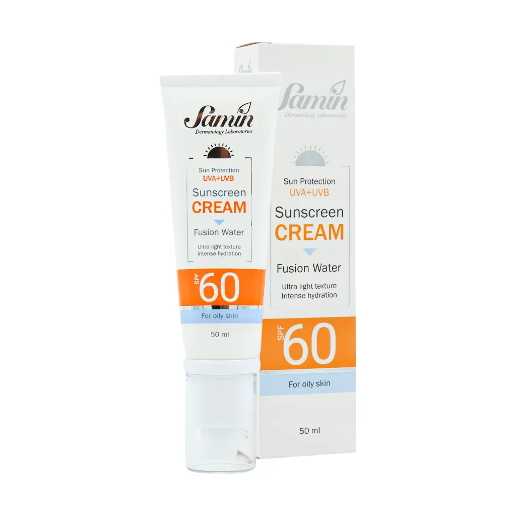 Samin-Fusion-Water-SPF60-Sunscreen کرم ضد آفتاب فیوژن واتر spf60 ثمین مناسب پوست چرب حجم 50ml - تصویر 1